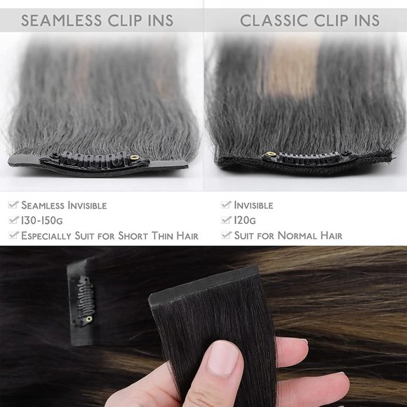 14" 100% Human Hair Clip In Extensions 7pcs 130g #1B/6/1B - Picture 3 of 7